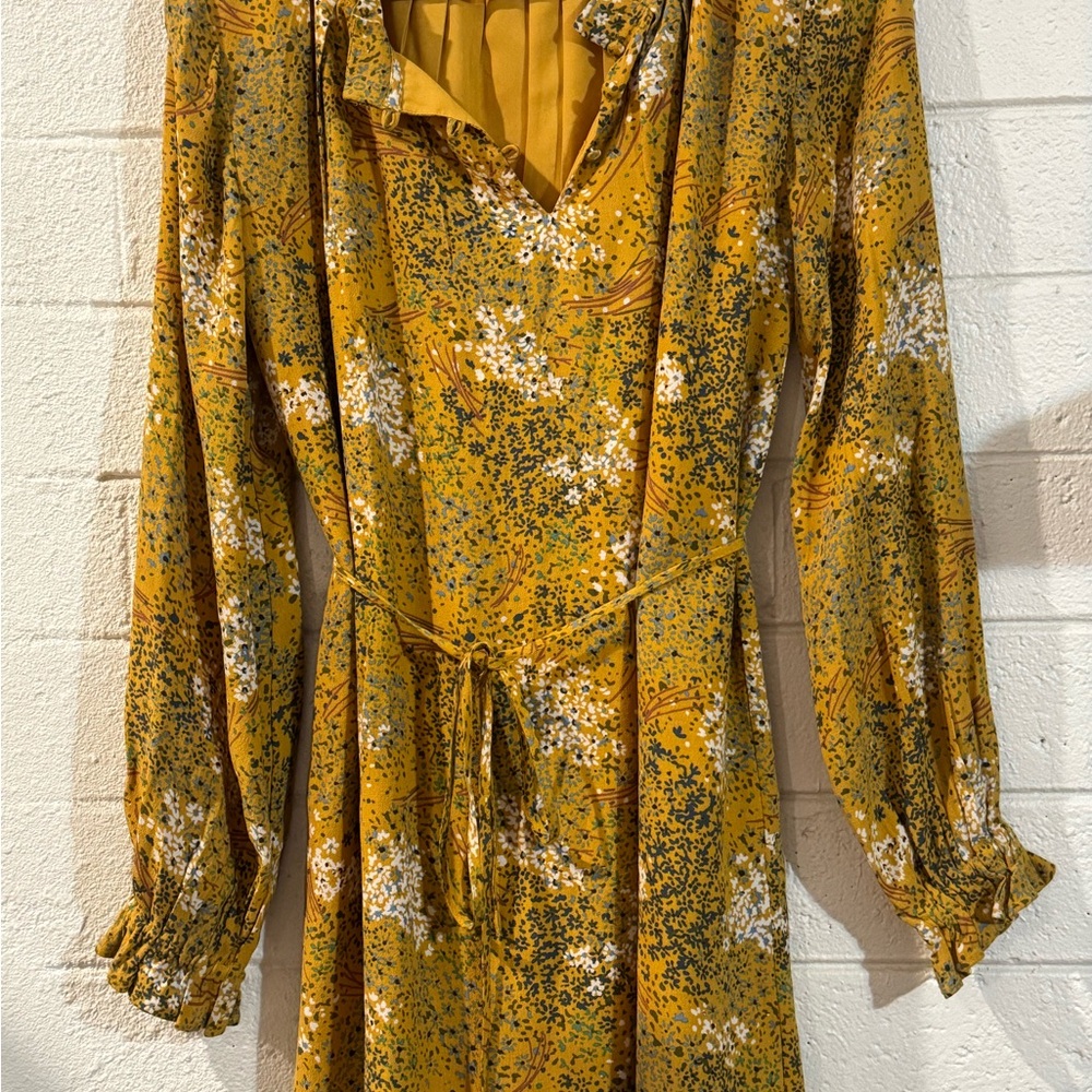 LOFT Mustard Floral Long Sleeve Dress
